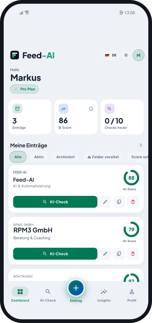 Feed-AI App: Dashboard mit KI-Score je Eintrag
